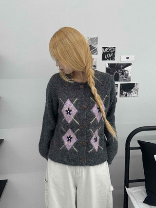Argyle Pattern Balloon Sleeve Fuzzy Knit Cardigan