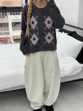 Argyle Pattern Balloon Sleeve Fuzzy Knit Cardigan