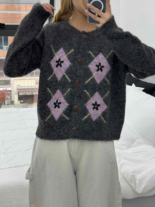 Argyle Pattern Balloon Sleeve Fuzzy Knit Cardigan