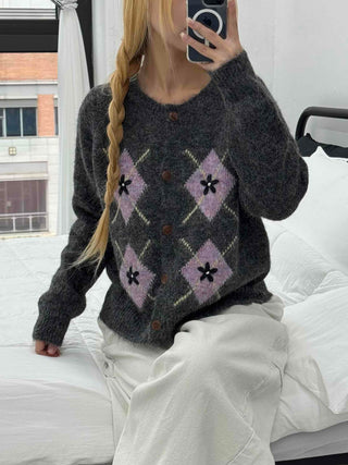 Argyle Pattern Balloon Sleeve Fuzzy Knit Cardigan