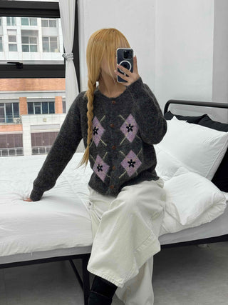 Argyle Pattern Balloon Sleeve Fuzzy Knit Cardigan