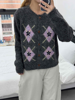 Argyle Pattern Balloon Sleeve Fuzzy Knit Cardigan