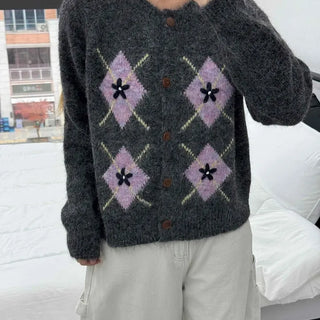 Argyle Pattern Balloon Sleeve Fuzzy Knit Cardigan
