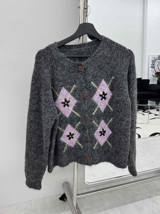 Argyle Pattern Balloon Sleeve Fuzzy Knit Cardigan