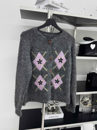 Argyle Pattern Balloon Sleeve Fuzzy Knit Cardigan
