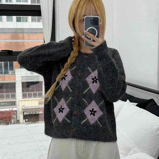 Argyle Pattern Balloon Sleeve Fuzzy Knit Cardigan