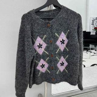 Argyle Pattern Balloon Sleeve Fuzzy Knit Cardigan