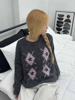 Argyle Pattern Balloon Sleeve Fuzzy Knit Cardigan