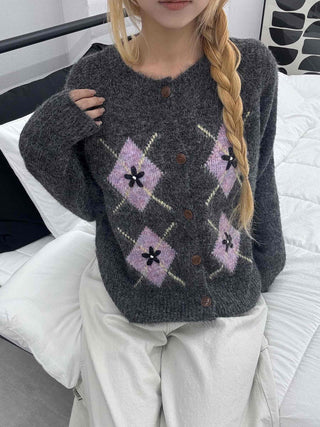 Argyle Pattern Balloon Sleeve Fuzzy Knit Cardigan