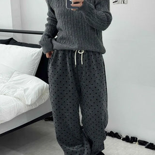 Polka Dot Velvet Elastic Waist Wide Jogger Pants