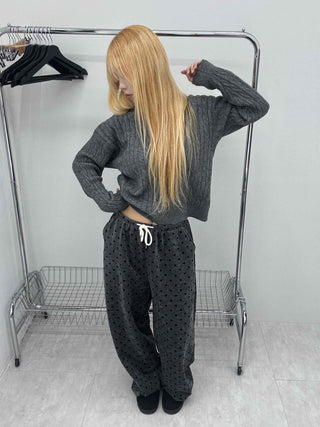 Polka Dot Velvet Elastic Waist Wide Jogger Pants