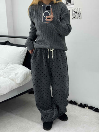 Polka Dot Velvet Elastic Waist Wide Jogger Pants