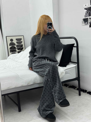 Polka Dot Velvet Elastic Waist Wide Jogger Pants