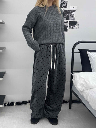 Polka Dot Velvet Elastic Waist Wide Jogger Pants