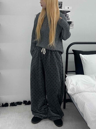 Polka Dot Velvet Elastic Waist Wide Jogger Pants