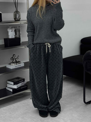 Polka Dot Velvet Elastic Waist Wide Jogger Pants