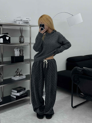 Polka Dot Velvet Elastic Waist Wide Jogger Pants