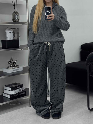 Polka Dot Velvet Elastic Waist Wide Jogger Pants