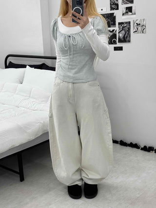Soft Daily Balloon Fit Heart Pocket Cotton Wide Pants