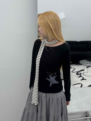 Wide-neck Long-sleeve T-shirt with Star Embroidery Point