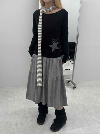Wide-neck Long-sleeve T-shirt with Star Embroidery Point