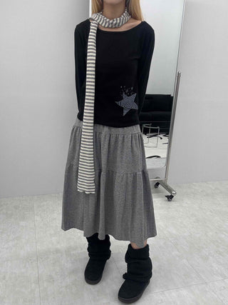 Wide-neck Long-sleeve T-shirt with Star Embroidery Point