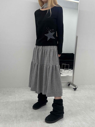 Wide-neck Long-sleeve T-shirt with Star Embroidery Point