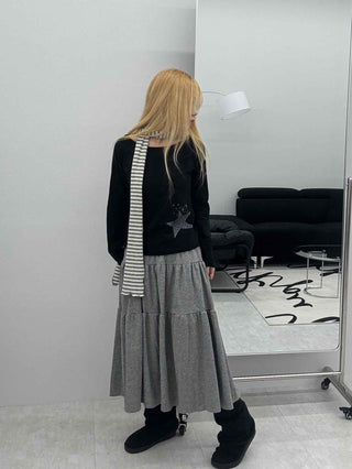 Wide-neck Long-sleeve T-shirt with Star Embroidery Point