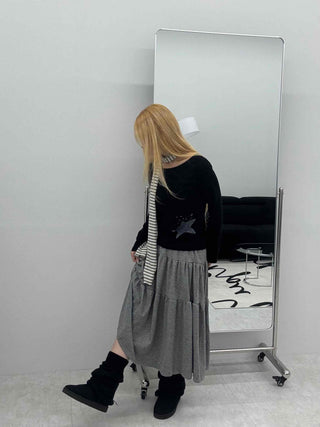 Wide-neck Long-sleeve T-shirt with Star Embroidery Point