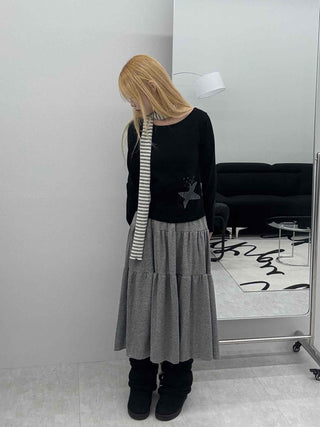 Wide-neck Long-sleeve T-shirt with Star Embroidery Point