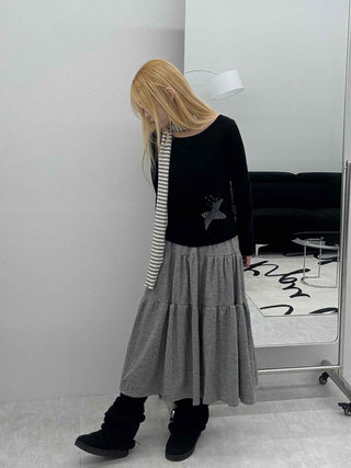 Wide-neck Long-sleeve T-shirt with Star Embroidery Point