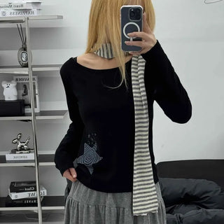 Wide-neck Long-sleeve T-shirt with Star Embroidery Point