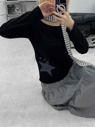 Wide-neck Long-sleeve T-shirt with Star Embroidery Point