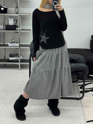 Wide-neck Long-sleeve T-shirt with Star Embroidery Point