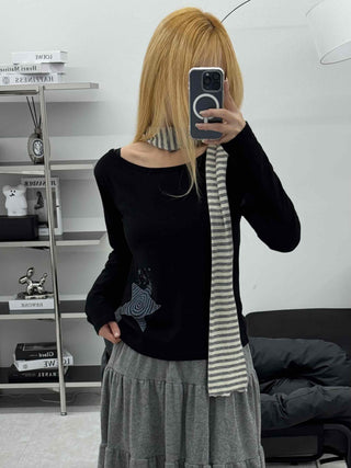 Wide-neck Long-sleeve T-shirt with Star Embroidery Point