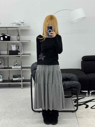 Wide-neck Long-sleeve T-shirt with Star Embroidery Point