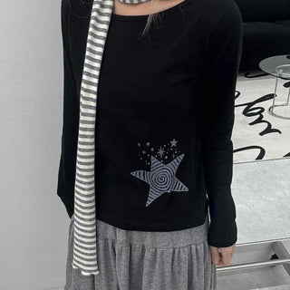 Wide-neck Long-sleeve T-shirt with Star Embroidery Point