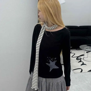 Wide-neck Long-sleeve T-shirt with Star Embroidery Point