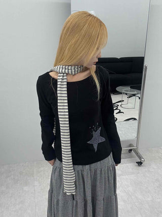 Wide-neck Long-sleeve T-shirt with Star Embroidery Point