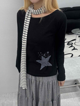 Wide-neck Long-sleeve T-shirt with Star Embroidery Point