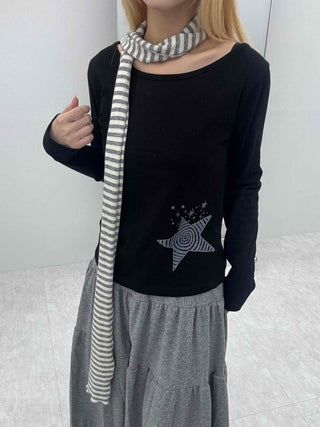 Wide-neck Long-sleeve T-shirt with Star Embroidery Point