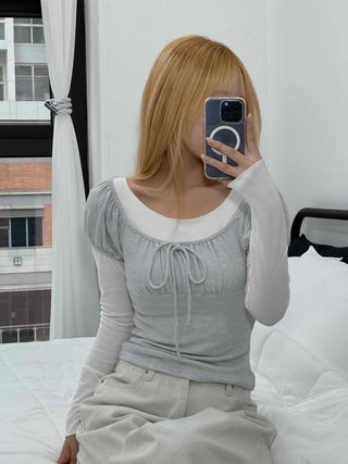 Ballet Core Round Neck Drawstring Crop Top Layered Long Sleeve Tee