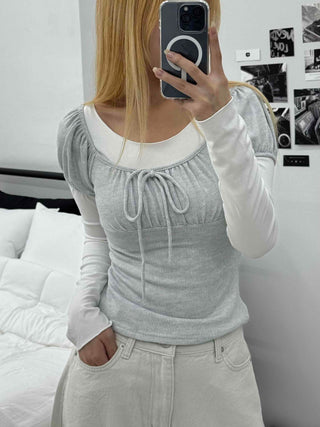 Ballet Core Round Neck Drawstring Crop Top Layered Long Sleeve Tee