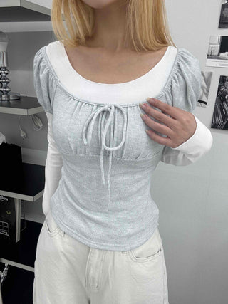 Ballet Core Round Neck Drawstring Crop Top Layered Long Sleeve Tee