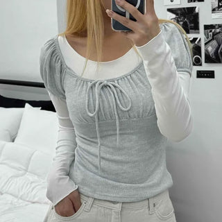 Ballet Core Round Neck Drawstring Crop Top Layered Long Sleeve Tee