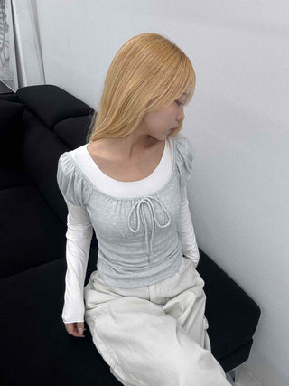 Ballet Core Round Neck Drawstring Crop Top Layered Long Sleeve Tee