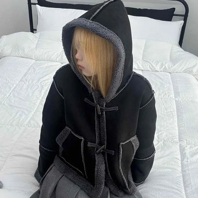 Fuzzy Fleece Hooded Toggle Button Shearling Jacket