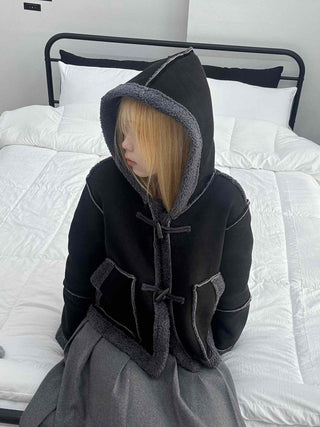 Fuzzy Fleece Hooded Toggle Button Shearling Jacket