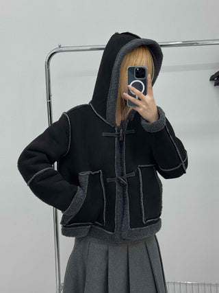 Fuzzy Fleece Hooded Toggle Button Shearling Jacket