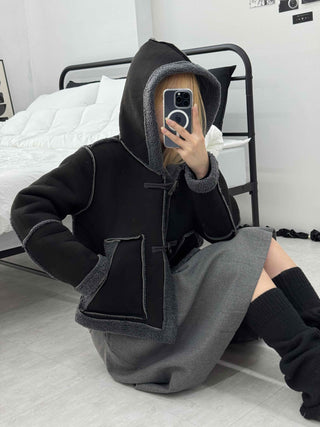 Fuzzy Fleece Hooded Toggle Button Shearling Jacket